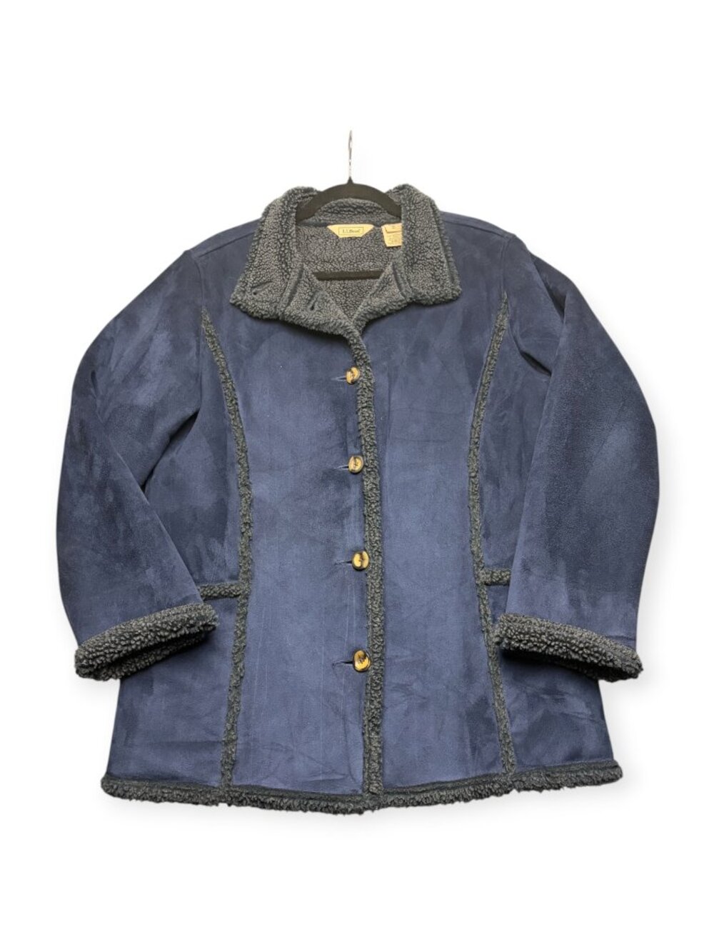 Vintage L.L. Bean M Petite Faux Sherpa Suede Jaket Blue Coat Cabin Button Front